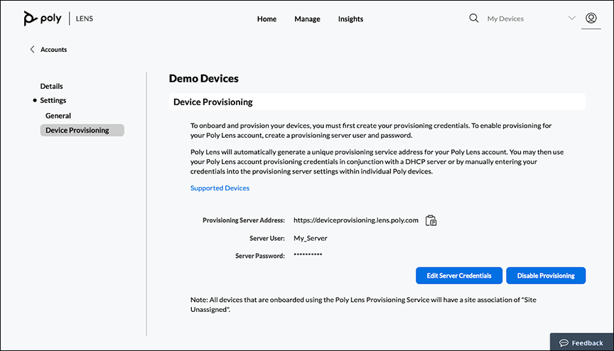Account Device Provisioning page