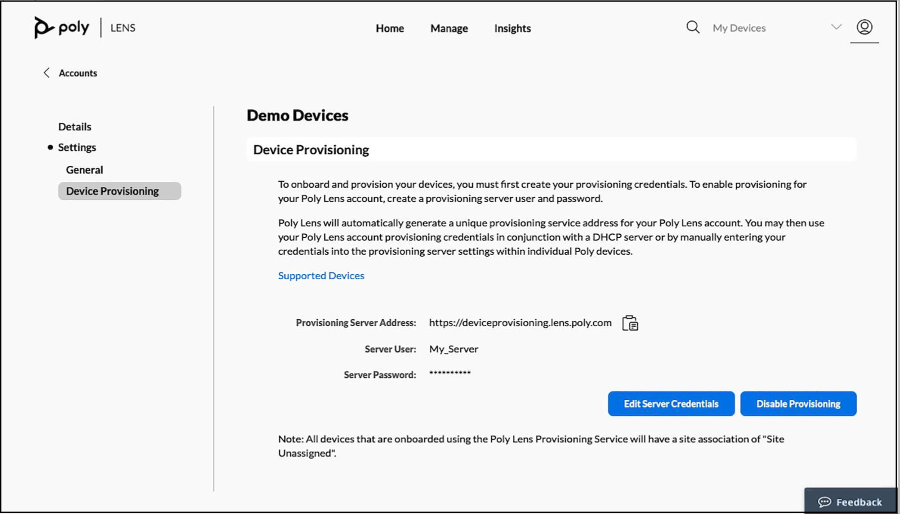 Poly Lens Accounts Device Provisioning page
