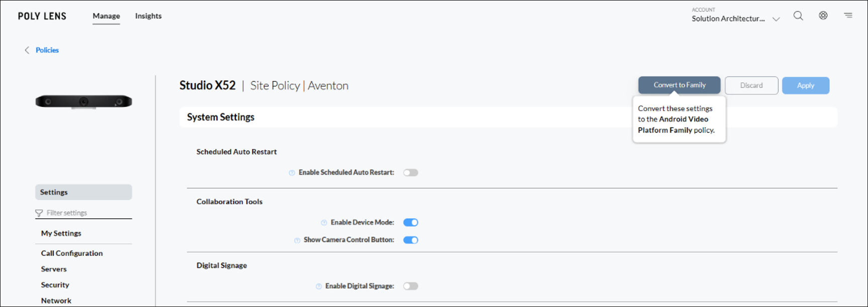 Poly Lens Model Policy System Settings