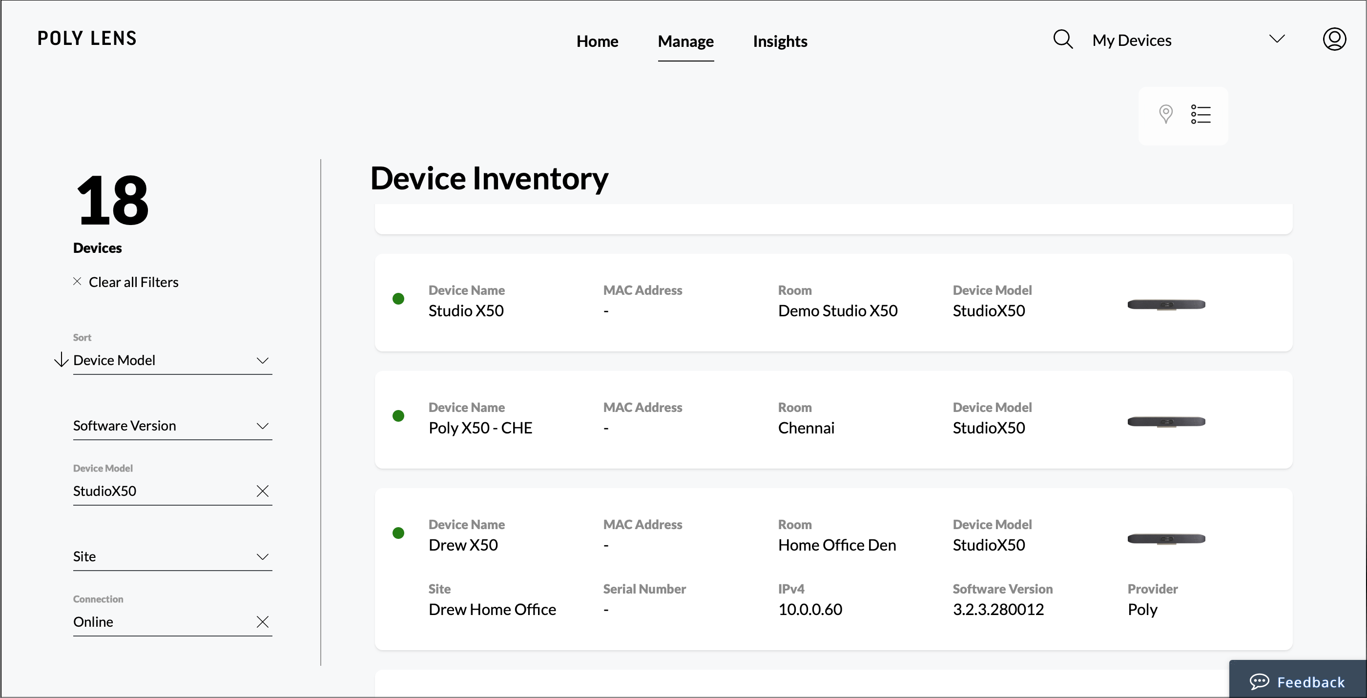 Poly Lens Device Inventory page