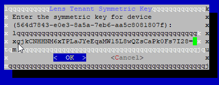 Lens Tenant Symmetric Key window displaying the Key and selecting OK to enter the key