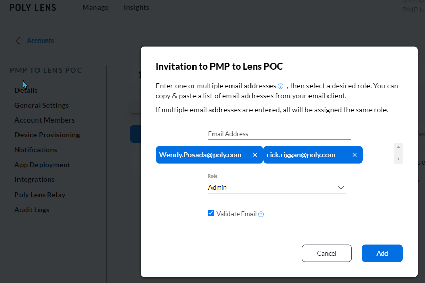 Poly Lens popup window for Invitation to PMP to Lens POC