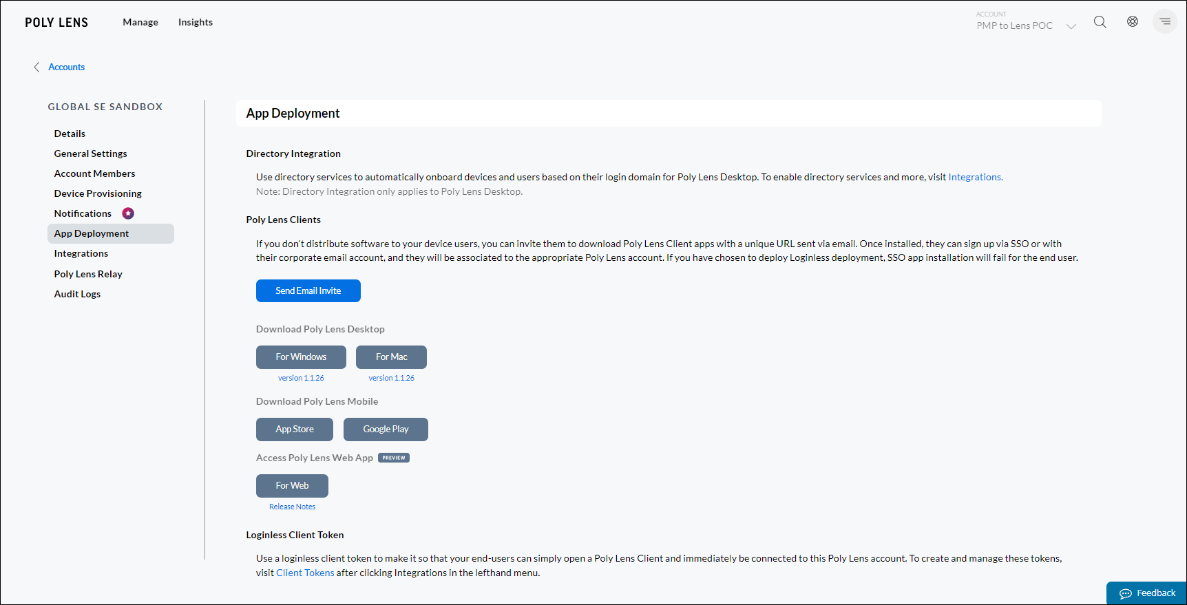 Poly Lens Integration &gt; Client Tokens window displaying tokens