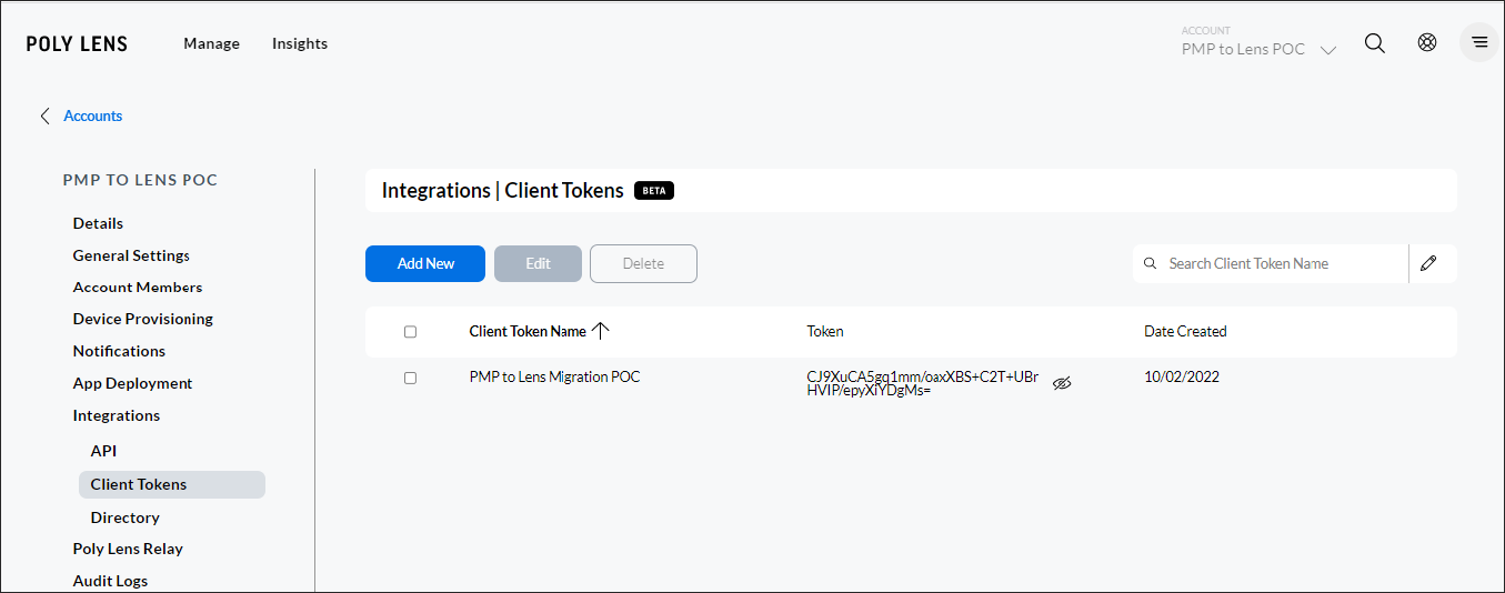 Poly Lens Integration &gt; Client Tokens window displaying tokens