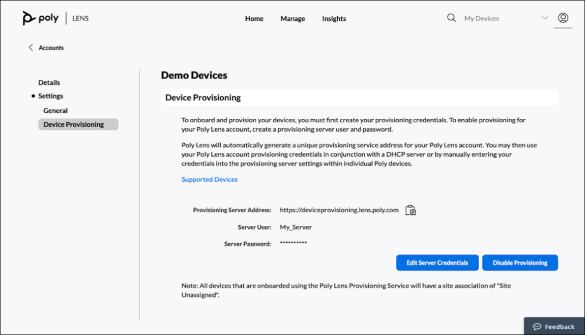Account - Device Provisioning page