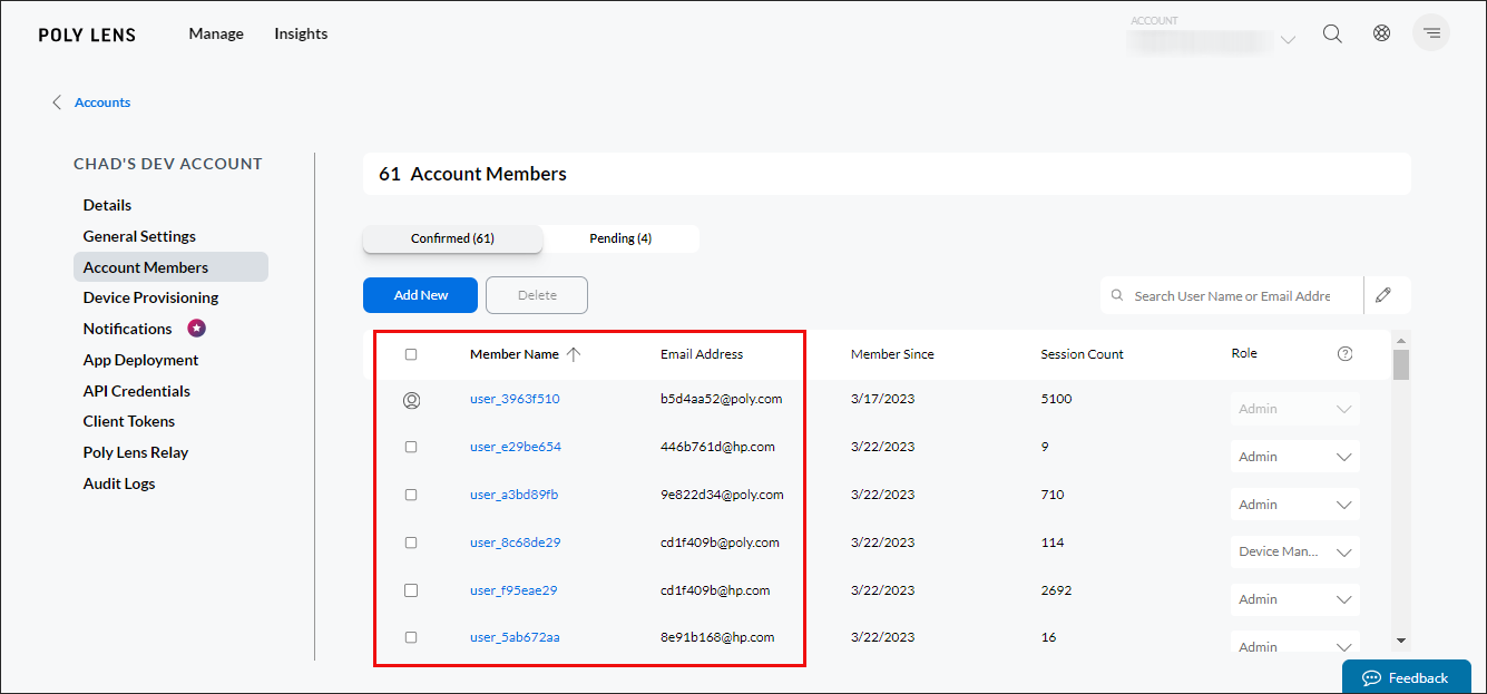 Poly Lens Pseudonymization Settings for Account Members