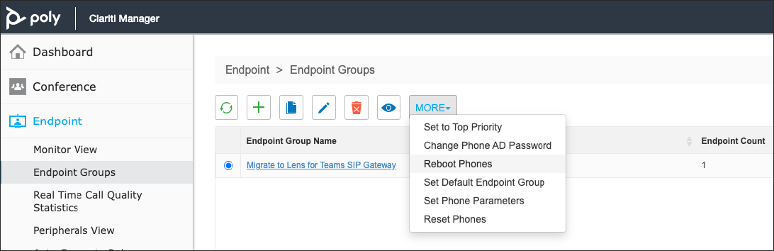 Screenshot of Clariti Manager &gt; Endpoint &gt; Endpoint Groups page
