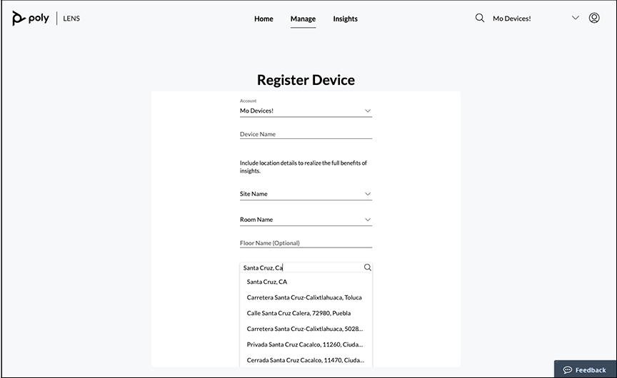 Poly Lens Register Device page