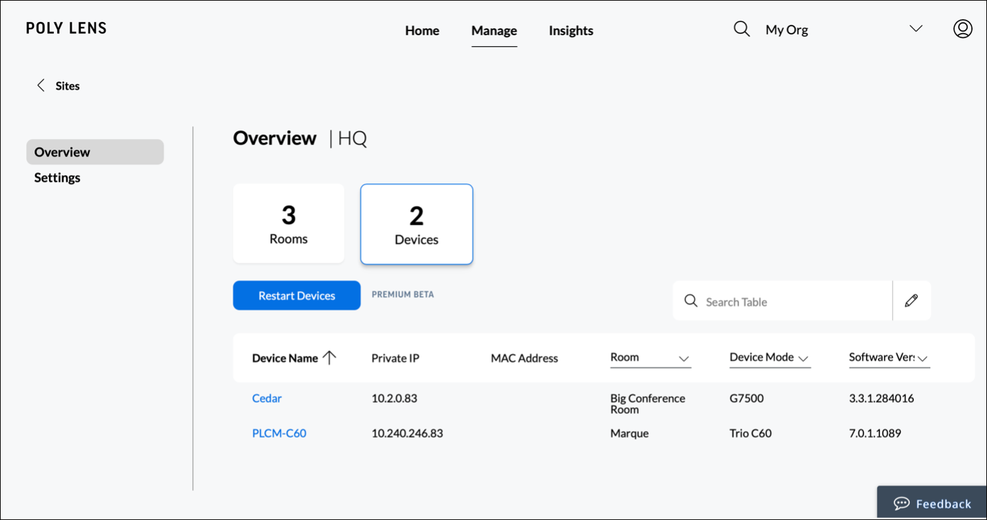 Poly Lens Manage - Sites Restart Devices page