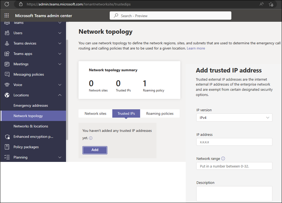 Teams admin center - Network topology window