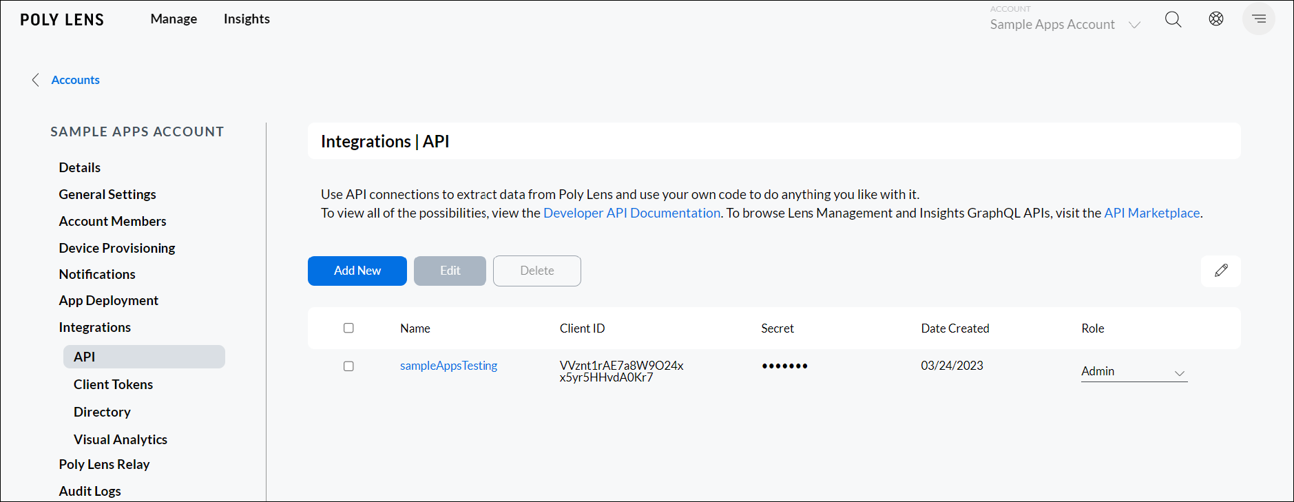 Poly Lens Integrations API page