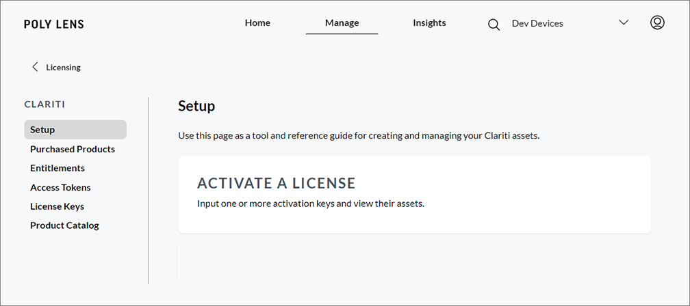 Poly Lens Manage Licensing page