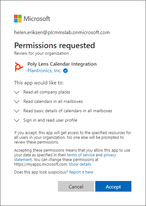 Microsoft Permissions Requested window