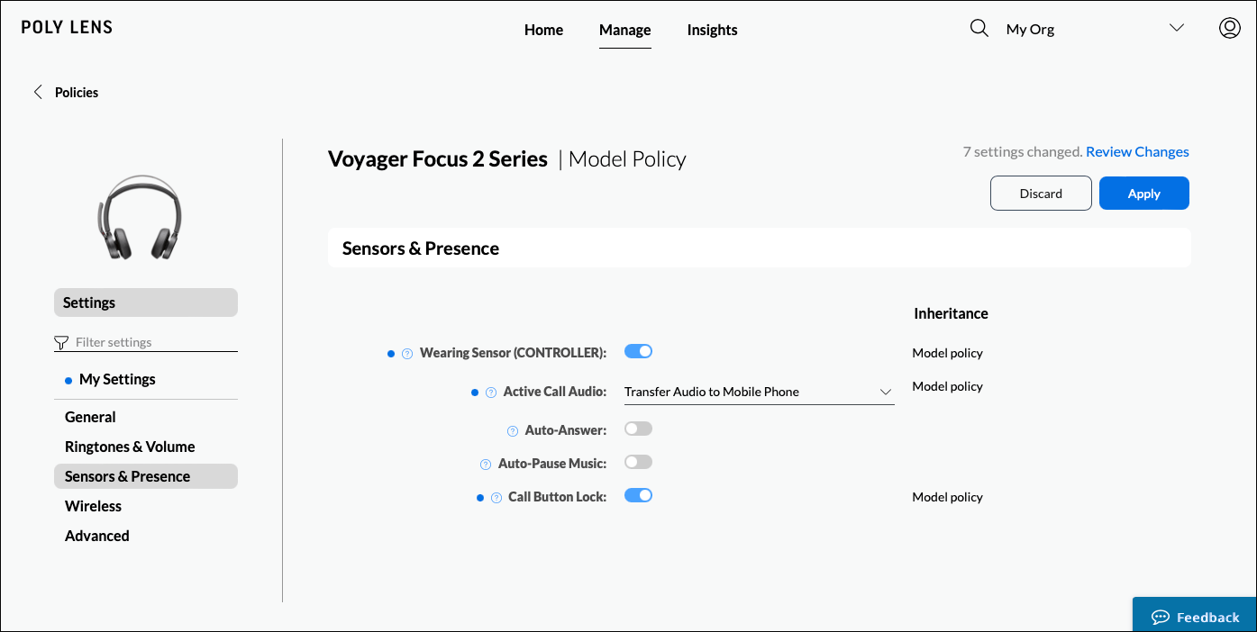 Policies page of Voyager Focus 2 Series