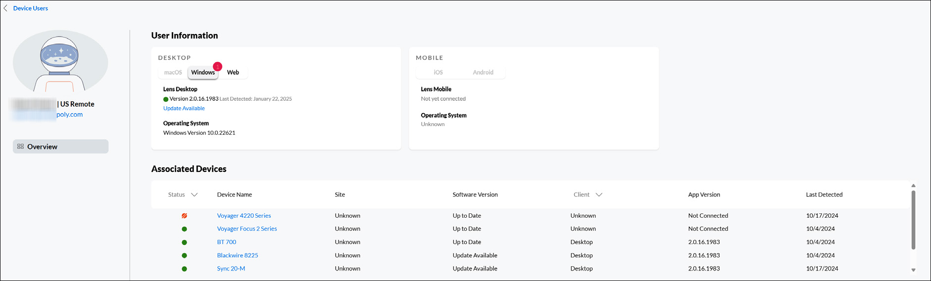 Poly Lens cloud Device Users Information page