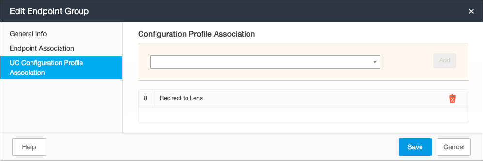Screenshot of Edit Endpoint Group &gt; UC Configuration Profile Association page