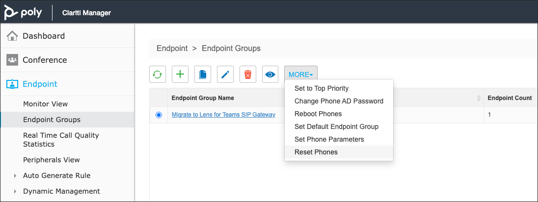 Screenshot of Clariti Manager &gt; Endpoint &gt; Endpoint Groups page