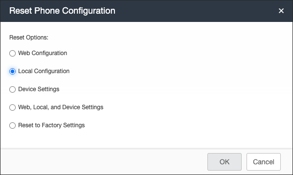 Screenshot of Reset Phone Configuration &gt; Local Configuration page