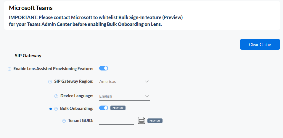 Poly Lens SIP Gateway enable Lens Assisted Provisioning Feature page
